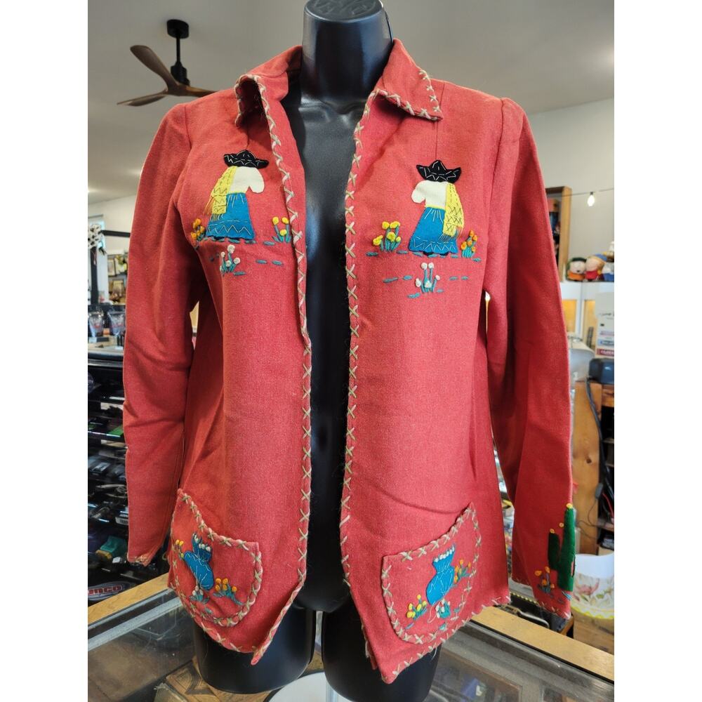 Vtg 1940s Mexican Tourist Jacket Red Wool Felt, Rockabilly, Garcia Leal Hnos-S/M